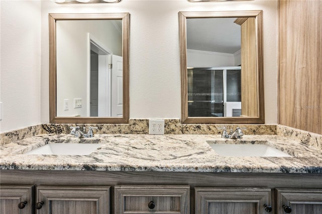 6728 Sutton Oaks Ln, Zephyrhills, FL 33541 - bathroom with double vanity, ornamental molding, and a shower with door