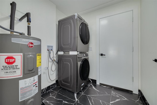 1723 Cypress Ave, Belleair, FL 33756 - laundry room featuring water heater, estacked washer and dryer, and dark marble finish flooring