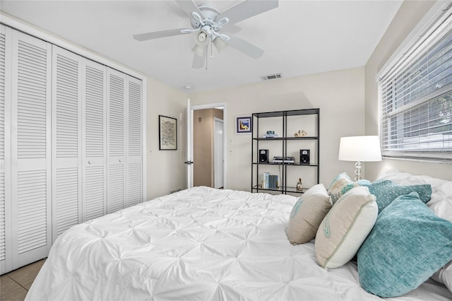 1251 Fairway Dr, Dunedin, FL 34698 - tiled bedroom with a closet and ceiling fan