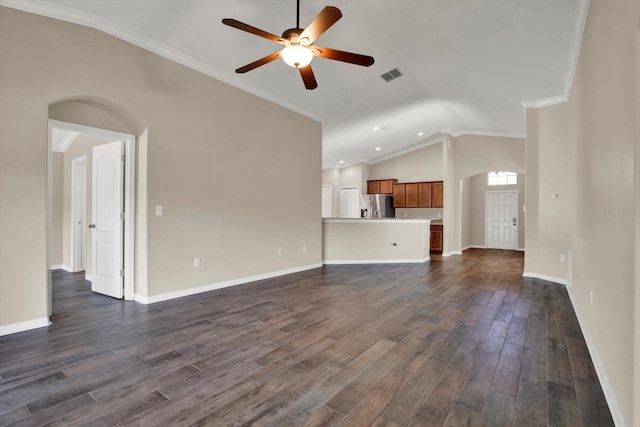 11309 Langworth Hill Ln, Riverview, FL 33579 - unfurnished living room with a ceiling fan, vaulted ceiling, dark wood-type flooring, crown molding, and recessed lighting