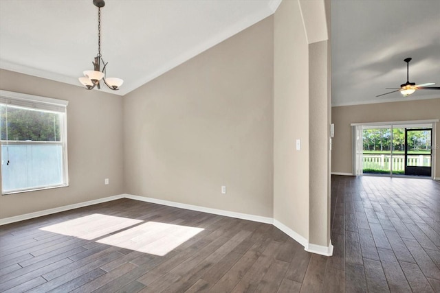 11309 Langworth Hill Ln, Riverview, FL 33579 - spare room with dark wood finished floors, a chandelier, ceiling fan, crown molding, and vaulted ceiling