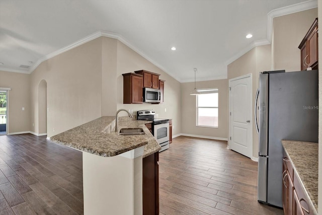11309 Langworth Hill Ln, Riverview, FL 33579 - kitchen featuring appliances with stainless steel finishes, dark wood-style flooring, healthy amount of natural light, a peninsula, and recessed lighting
