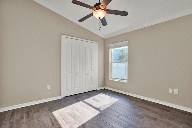 11309 Langworth Hill Ln, Riverview, FL 33579 - unfurnished bedroom featuring vaulted ceiling, dark wood finished floors, a closet, crown molding, and ceiling fan
