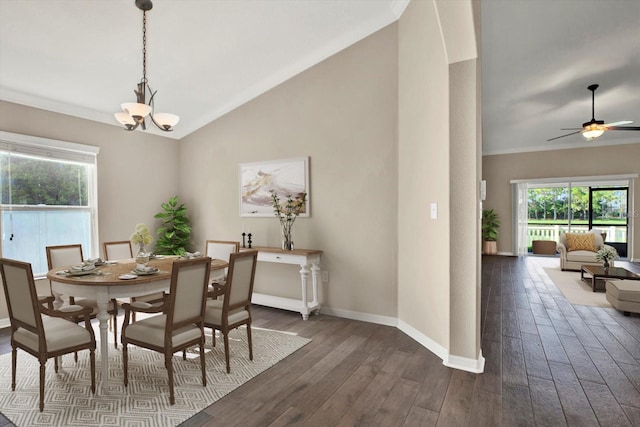 11309 Langworth Hill Ln, Riverview, FL 33579 - dining area featuring dark wood-style flooring, ceiling fan, lofted ceiling, and a chandelier