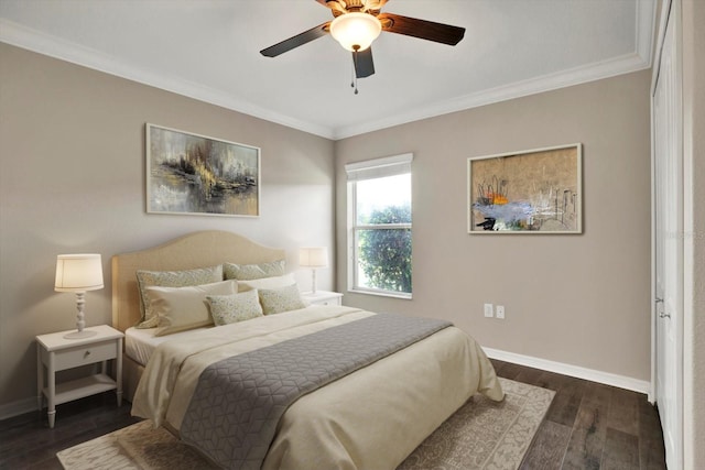11309 Langworth Hill Ln, Riverview, FL 33579 - bedroom featuring ornamental molding, dark wood-type flooring, and a ceiling fan