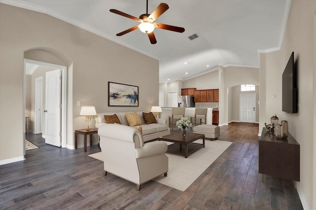 11309 Langworth Hill Ln, Riverview, FL 33579 - living area with dark wood-type flooring, ceiling fan, vaulted ceiling, crown molding, and recessed lighting