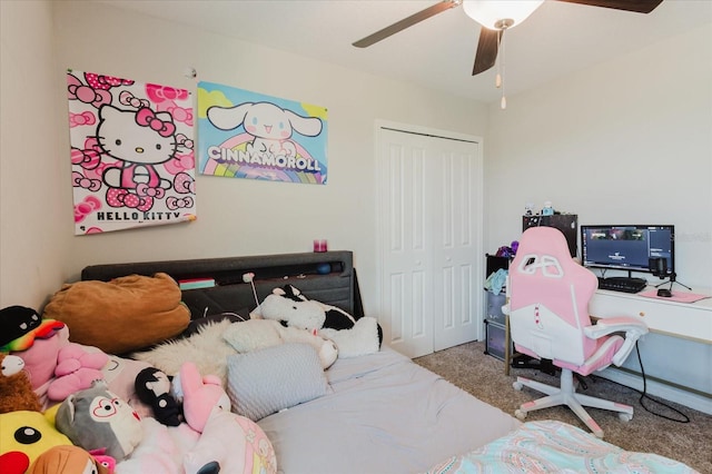 17156 Yellow Pine St, Wimauma, FL 33598 - bedroom with carpet, a closet, and a ceiling fan