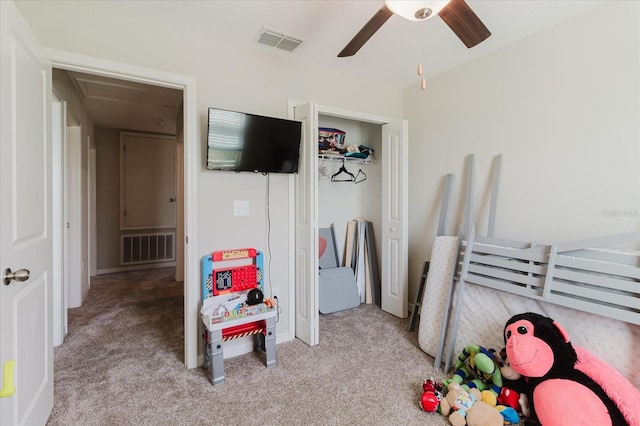 17156 Yellow Pine St, Wimauma, FL 33598 - rec room with carpet, ceiling fan, and attic access