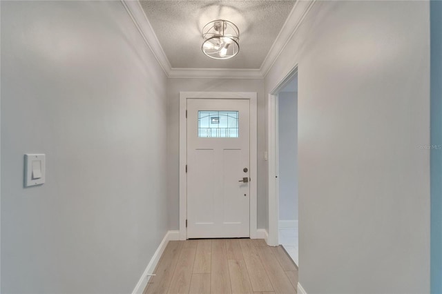 4518 Helena St NE, Saint Petersburg, FL 33703 - doorway with light wood-style flooring, a textured ceiling, and crown molding