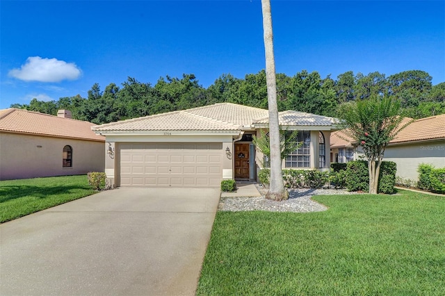 3704 Darston St, Palm Harbor, FL 34685 - ranch-style house featuring a tiled roof, an attached garage, driveway, a front yard, and stucco siding