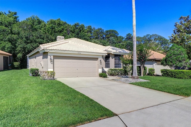 3704 Darston St, Palm Harbor, FL 34685 - ranch-style house with a tiled roof, stucco siding, an attached garage, a front lawn, and a chimney