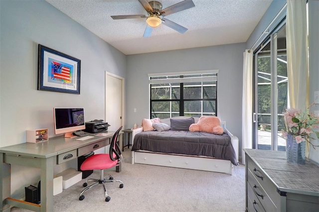 3704 Darston St, Palm Harbor, FL 34685 - bedroom with carpet, a textured ceiling, an office area, and a ceiling fan