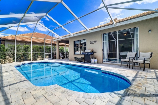 3704 Darston St, Palm Harbor, FL 34685 - outdoor pool with grilling area, a patio area, and glass enclosure
