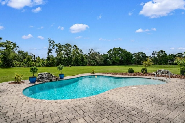 10510 Lithia Estates Dr, Lithia, FL 33547 - outdoor pool featuring a patio area, a yard, and view of wooded area