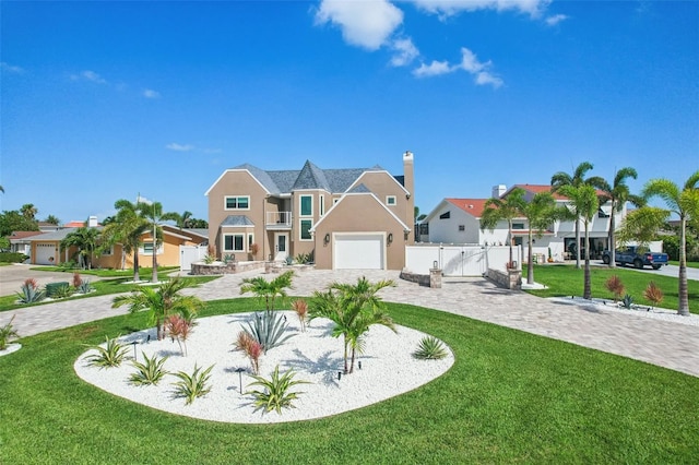 311 22nd St, Belleair Beach, FL 33786 - view of front facade featuring a gate, decorative driveway, a residential view, stucco siding, and a garage
