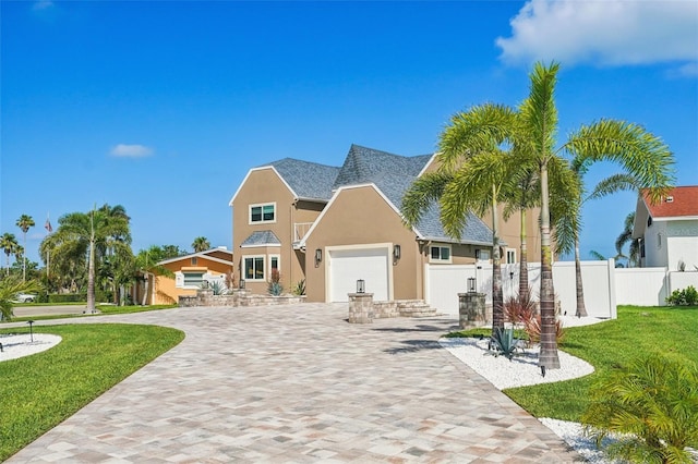311 22nd St, Belleair Beach, FL 33786 - view of front of house featuring an attached garage, decorative driveway, and stucco siding