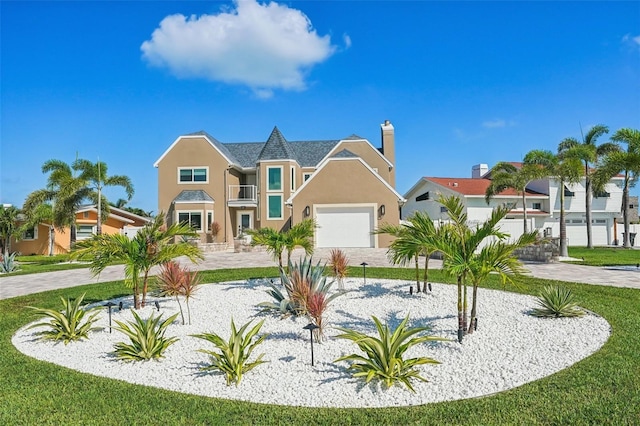 311 22nd St, Belleair Beach, FL 33786 - victorian-style house with stucco siding, a chimney, driveway, and an attached garage