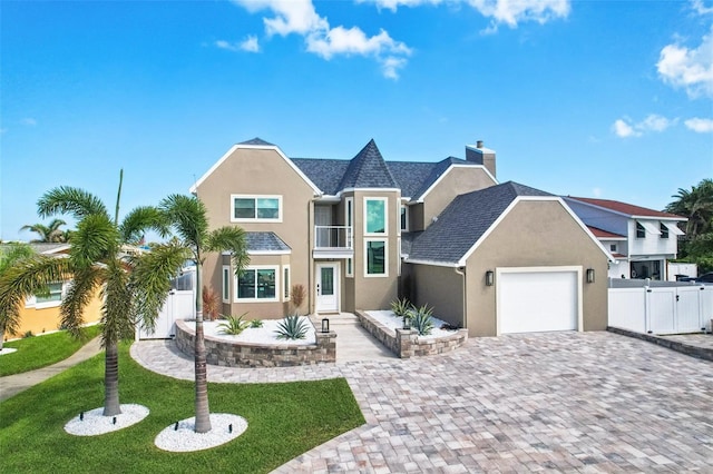 311 22nd St, Belleair Beach, FL 33786 - view of front facade with an attached garage, stucco siding, a gate, and driveway