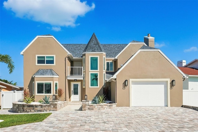 311 22nd St, Belleair Beach, FL 33786 - view of front facade featuring stucco siding, a garage, a balcony, decorative driveway, and a chimney