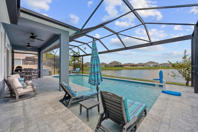 11714 Tetrafin Dr, Riverview, FL 33579 - outdoor pool featuring a ceiling fan, a patio, a water view, and glass enclosure