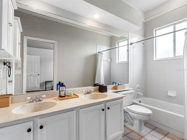 12439 Bristol Commons Cir, Tampa, FL 33626 - bathroom featuring double vanity, tile patterned floors, and shower / bath combination with curtain