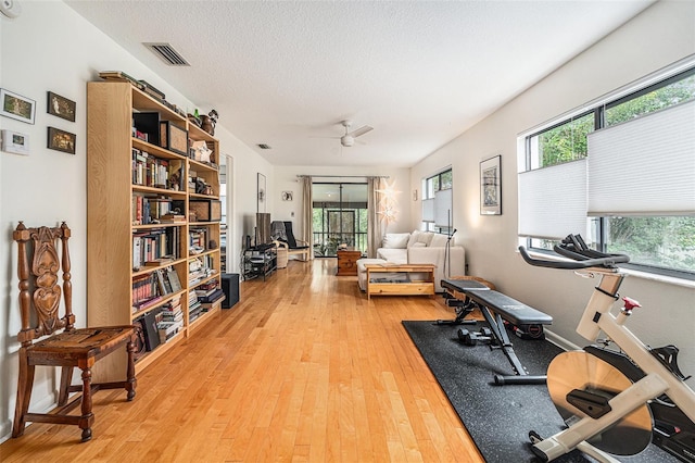 2368 Flanders Way Unit D, Safety Harbor, FL 34695 - workout area featuring light wood-style flooring, ceiling fan, and a textured ceiling