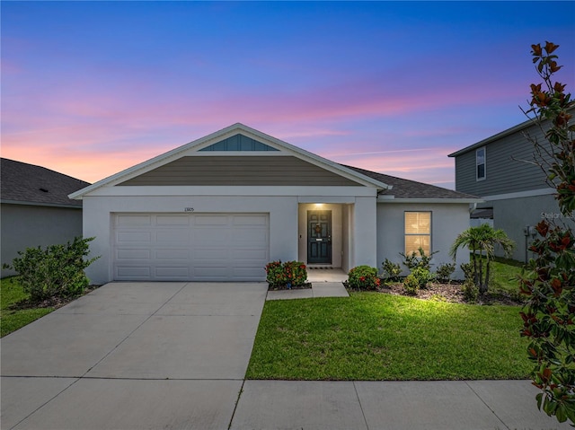 13105 Fruitville Way, Riverview, FL 33579 - ranch-style home with driveway, a lawn, an attached garage, and stucco siding