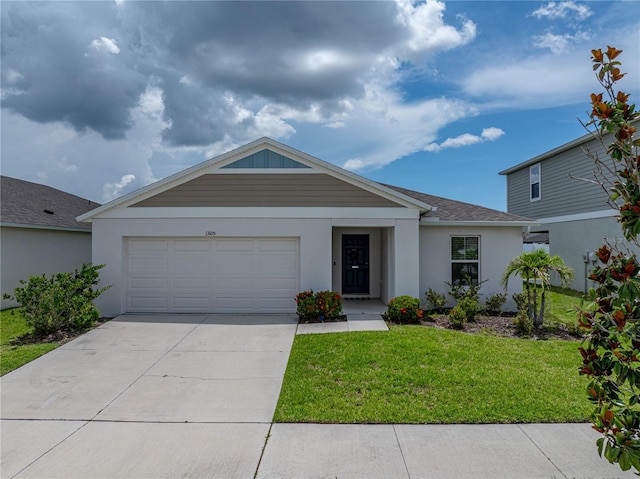 13105 Fruitville Way, Riverview, FL 33579 - ranch-style home with driveway, a front yard, a garage, and stucco siding