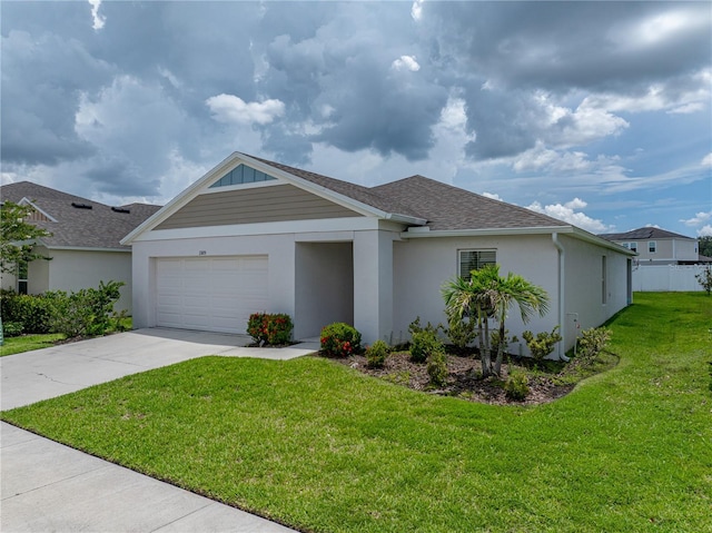 13105 Fruitville Way, Riverview, FL 33579 - single story home with driveway, a garage, stucco siding, and a front lawn