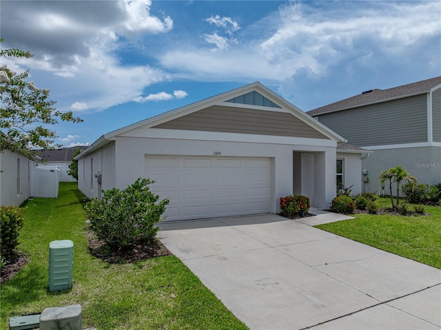13105 Fruitville Way, Riverview, FL 33579 - single story home featuring a front yard, driveway, an attached garage, and stucco siding
