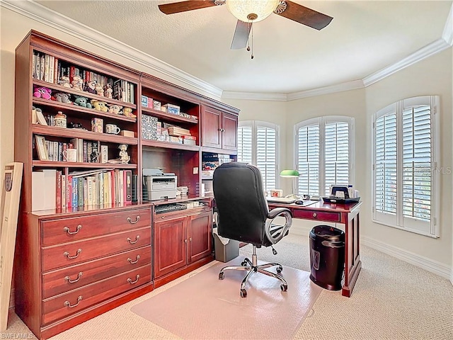 2103 SW 26th Ter, Cape Coral, FL 33914 - home office with crown molding, a ceiling fan, and light carpet