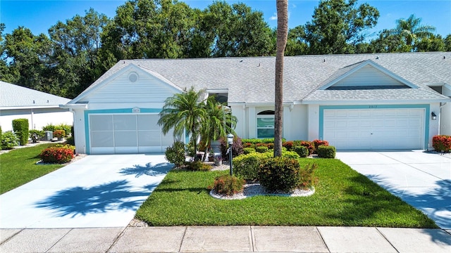 2019 Gardenia Landings Ln, Sun City Center, FL 33573 - ranch-style home with a garage, driveway, roof with shingles, a front lawn, and stucco siding