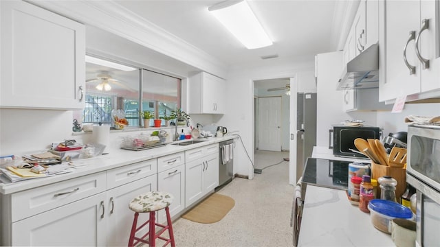 4720 Coronado Way S, Gulfport, FL 33711 - kitchen featuring under cabinet range hood, ceiling fan, white cabinetry, and stainless steel dishwasher