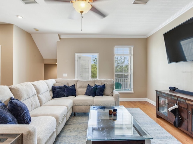 4503 Legacy Park Dr, Tampa, FL 33611 - living room with light wood-style flooring, ceiling fan, and crown molding