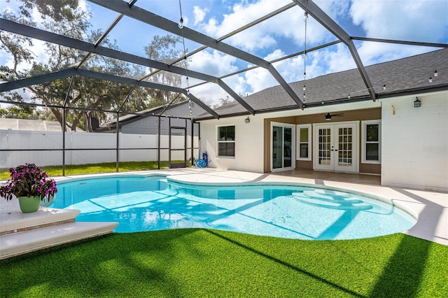 12106 Clearbrook Ct, Riverview, FL 33569 - view of pool featuring french doors, a patio, a lanai, and ceiling fan