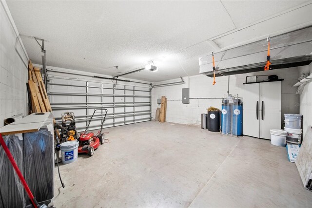4639 Cabbage Palm Dr, Valrico, FL 33596 - garage with electric panel, a garage door opener, and concrete block wall