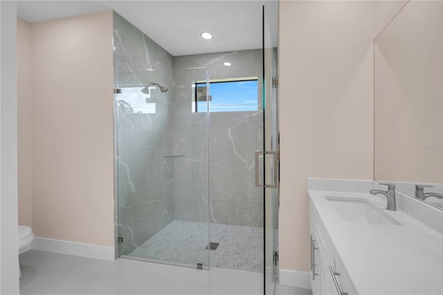 2606 34th St SW, Lehigh Acres, FL 33976 - bathroom featuring a marble finish shower, vanity, and recessed lighting