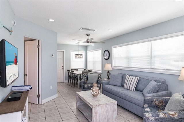 6020 Midnight Pass Rd Unit 49, Sarasota, FL 34242 - living room with light tile patterned floors, recessed lighting, and a ceiling fan