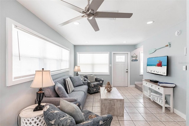 6020 Midnight Pass Rd Unit 49, Sarasota, FL 34242 - living area featuring light tile patterned floors, ceiling fan, and recessed lighting