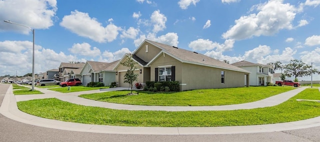 13304 Mylion Way, Spring Hill, FL 34610 - view of side of property featuring a residential view, a yard, an attached garage, driveway, and stucco siding