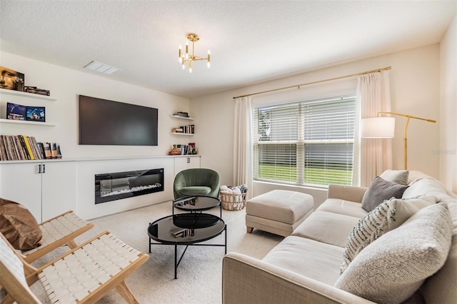 13304 Mylion Way, Spring Hill, FL 34610 - living area with light carpet, a chandelier, and a glass covered fireplace
