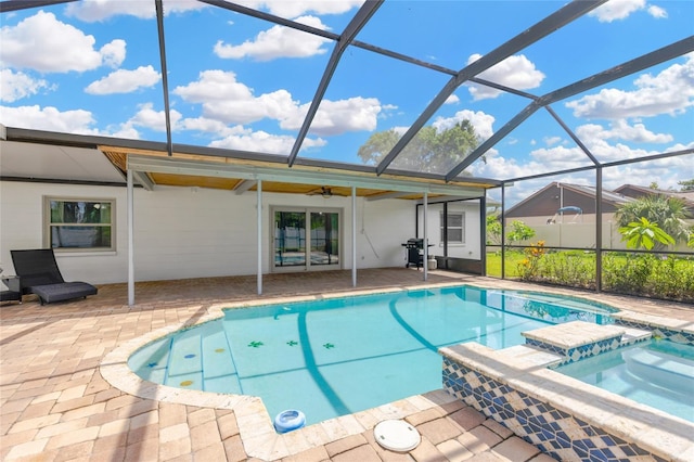 10811 Providence Oaks Dr, Riverview, FL 33578 - view of pool with a patio, area for grilling, a ceiling fan, a pool with connected hot tub, and glass enclosure