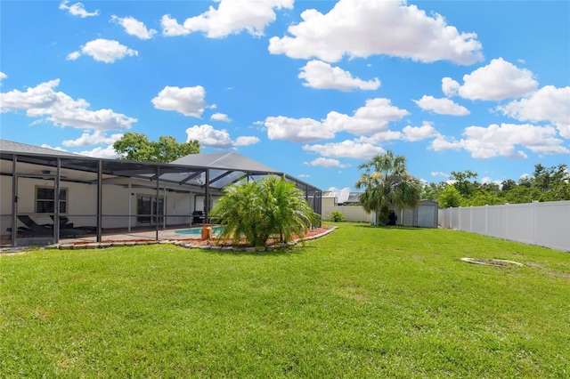 10811 Providence Oaks Dr, Riverview, FL 33578 - fenced backyard with a shed, a lanai, and a patio