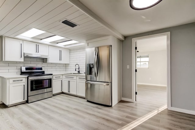 7031 Magnolia Valley Dr, New Port Richey, FL 34653 - kitchen featuring appliances with stainless steel finishes, under cabinet range hood, decorative backsplash, light countertops, and white cabinets