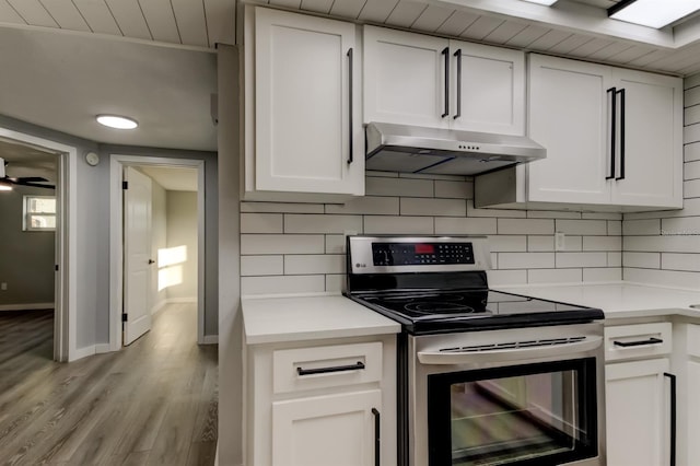 7031 Magnolia Valley Dr, New Port Richey, FL 34653 - kitchen featuring stainless steel electric range oven, under cabinet range hood, light countertops, and light wood-style flooring