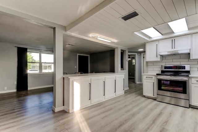 7031 Magnolia Valley Dr, New Port Richey, FL 34653 - kitchen with stainless steel electric range, under cabinet range hood, light countertops, white cabinets, and light wood finished floors