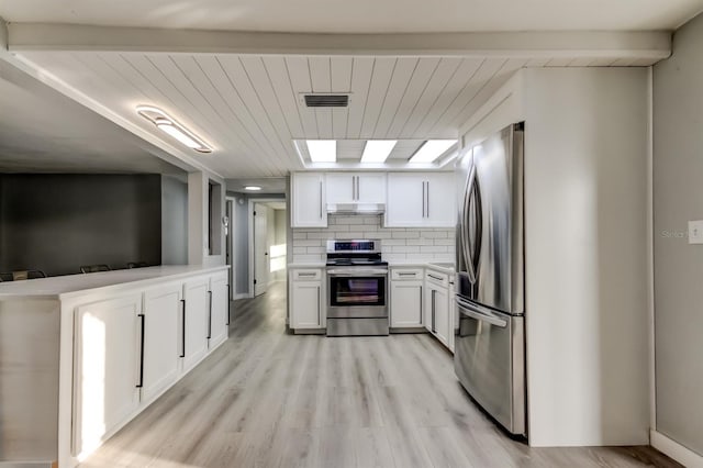 7031 Magnolia Valley Dr, New Port Richey, FL 34653 - kitchen with appliances with stainless steel finishes, under cabinet range hood, light countertops, light wood finished floors, and wooden ceiling
