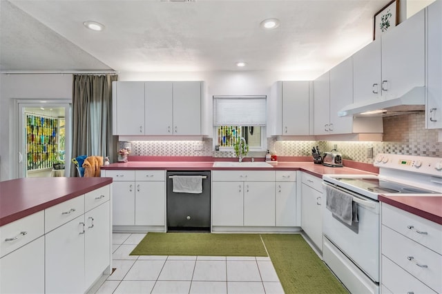 1810 Orange Hill Dr, Brandon, FL 33510 - kitchen with white range with electric cooktop, stainless steel dishwasher, under cabinet range hood, and backsplash