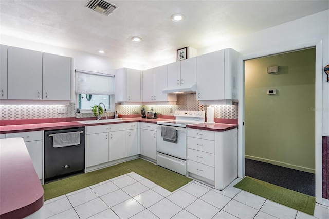1810 Orange Hill Dr, Brandon, FL 33510 - kitchen featuring white electric range, dishwasher, under cabinet range hood, decorative backsplash, and white cabinetry
