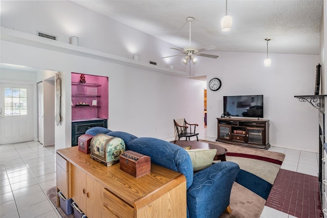 1810 Orange Hill Dr, Brandon, FL 33510 - living area featuring a ceiling fan, light tile patterned floors, and lofted ceiling